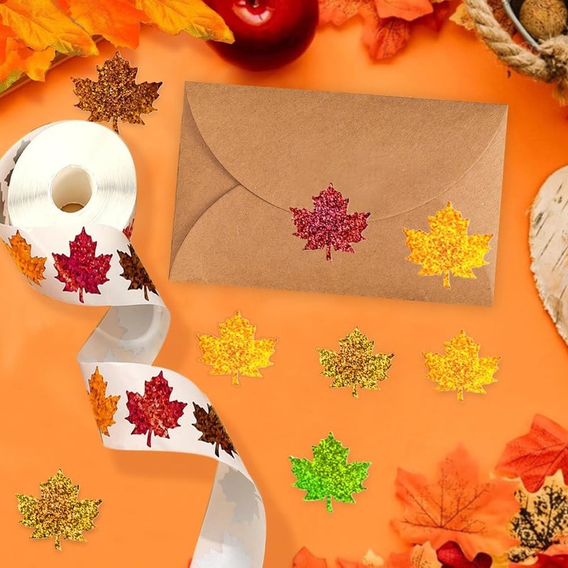 RUPOFUZA 500Pcs Fall Thanksgiving Leaf Stickers 1.5in Maple Leaf Decals 5 Colors Holographic Self Adhesive Label Leaves Stickers Roll for Autumn Party Cards Seal Envelopes Supplies Decor - Image 2